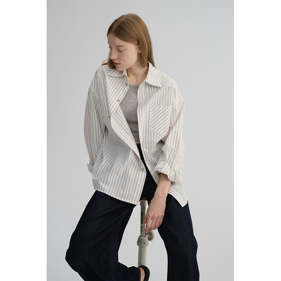 MAISON CECILE 春夏亚麻棉清爽百搭条纹设计感口袋廓形长袖衬衫