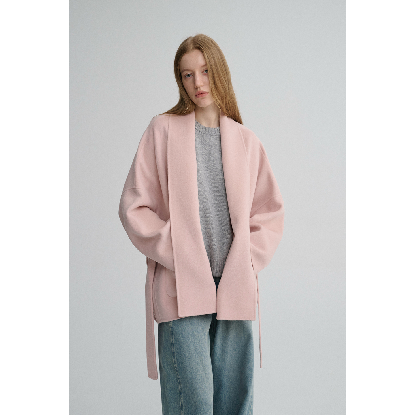 MAISON CECILE定染灰粉色羊绒羊毛温暖翻领短款松弛感大衣