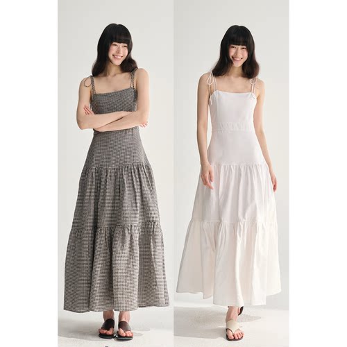 MAISON CECILE复古法式随性格纹/白色收腰显瘦A字吊带连衣裙