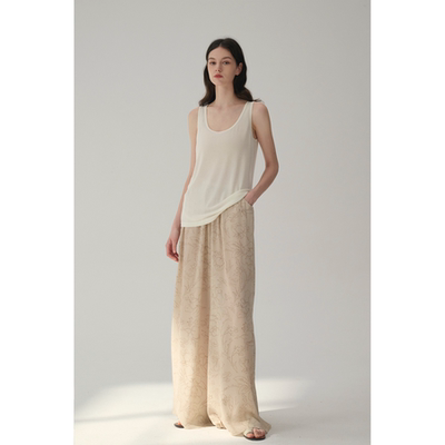 MAISON CECILE桑蚕丝复古线条花朵松紧腰阔腿裤