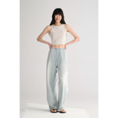 宽松休闲做旧褪色感随性慵懒松紧腰直筒牛仔裤 MAISON CECILE