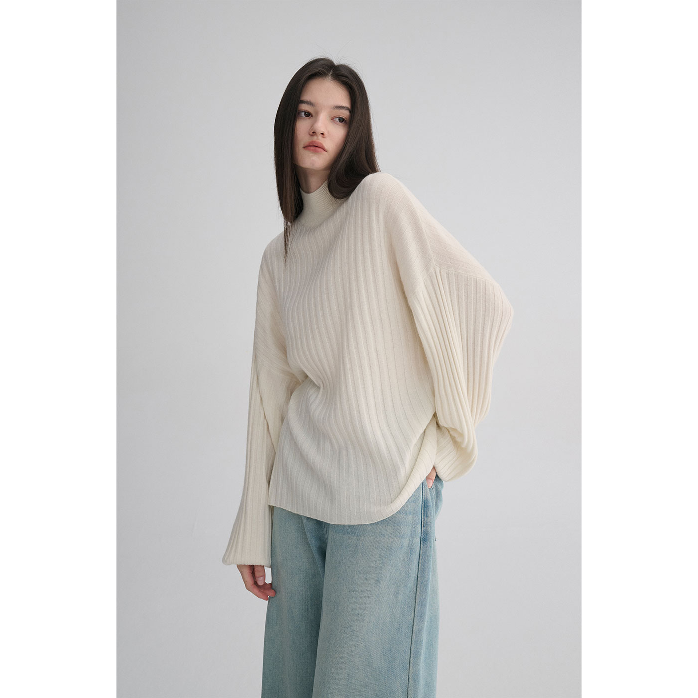 MAISON CECILE 羊绒羊毛针织半高领慵懒感立体条纹灯笼袖针织毛衣