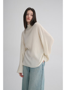 MAISON CECILE 羊绒羊毛针织半高领慵懒感立体条纹灯笼袖针织毛衣