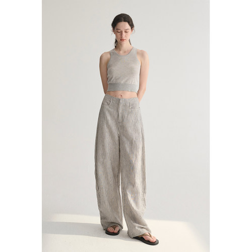 MC 莱赛尔亚麻舒适垂感条纹经典百搭休闲弧形镰刀裤MAISON CECILE