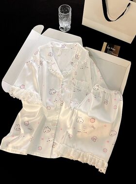 冰丝绸睡衣女夏季天薄款短袖甜美可爱兔子蕾丝花边凉爽家居服套装