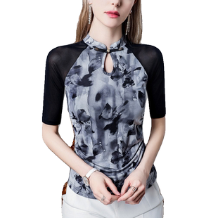 2026秋季新款旗袍立领网纱打底衫女五分袖印花扎染拼接中袖上衣