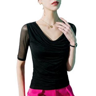 2026春款新款莫代尔荡领打底衫女网纱五分袖黑色秋季性感中袖上衣