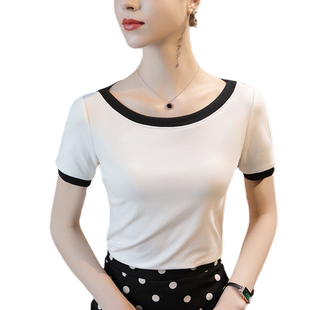 2025秋季新款一字领撞色T恤女短袖修身棉t淑女上衣女装韩式小衫
