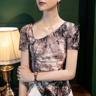 不规则设计感洋气上衣夏装 2025秋季 修身 方领亮丝T恤女短袖 新款