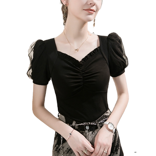 2026春季新款鸡心领T恤女短袖修身泡泡袖网纱拼接上衣女装小衫