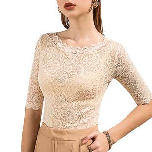 2026秋季新款一字领蕾丝打底衫女中袖修身洋气五分袖春款内搭小衫