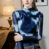 褶皱打底衫 秋冬女装 半高领扎染印花双层网纱上衣女修身 2026春季