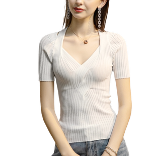 2026夏季设计感针织衫女短袖女人味洋气白色打底衫修身夏装新款