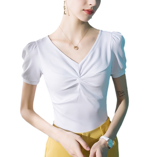2026春款新款棉tV领短袖T恤女泡泡袖法式洋气春季白色半袖上衣