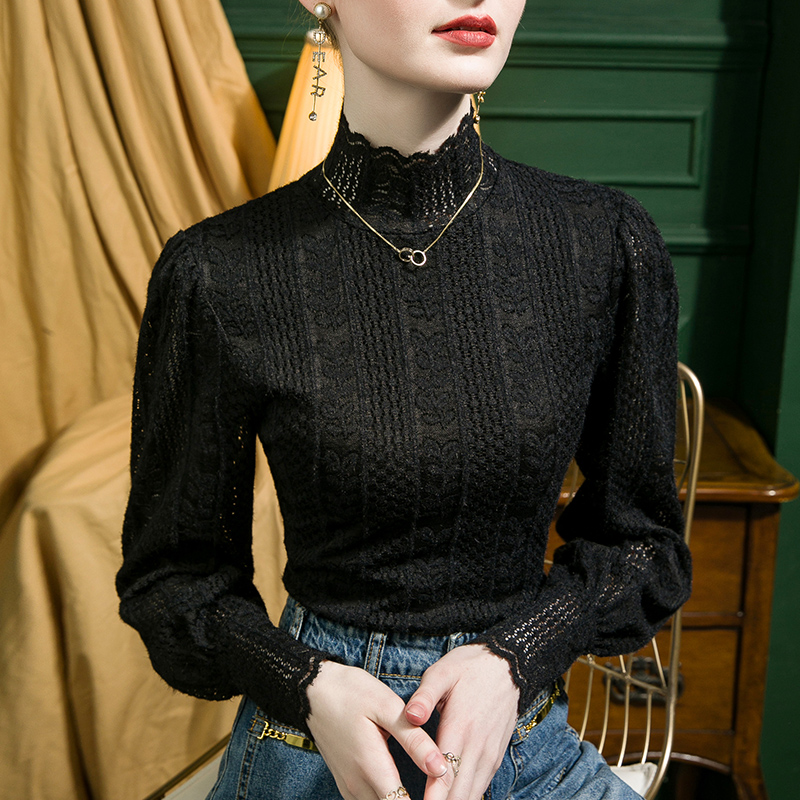 高领蕾丝打底衫女修身洋气