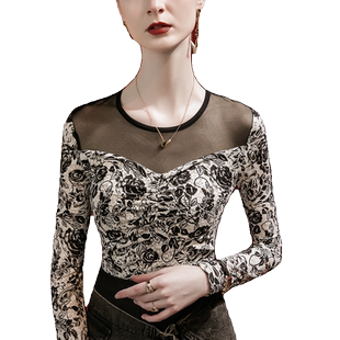 2025秋季新款网纱拼接透视复古印花打底衫女修身淑女洋气蕾丝上衣