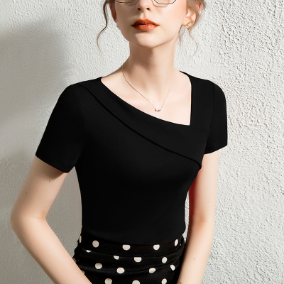 法式棉t方领上衣女夏装设计感修身短袖女士黑色T恤简约2026春季