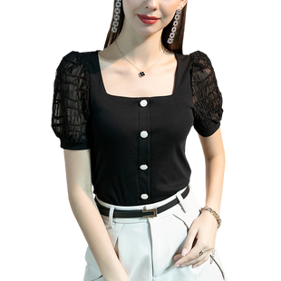 2026夏季方领泡泡袖镂空拼接T恤女短袖纽扣洋气春款欧洲站上衣