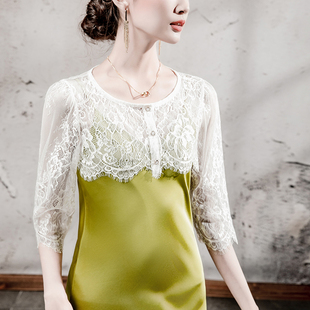 女短款 圆领蕾丝宽松连衣裙外搭衬衫 勾花镂空纽扣上衣 新款 2025秋季