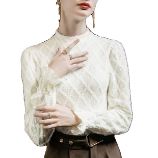 2026秋季新款提花格子蕾丝衫打底衫女泡泡袖春款内搭洋气长袖上衣