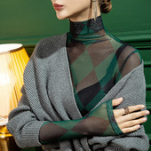 女装 2026春季 女格子印花性感洋气长袖 立领网纱打底衫 T恤上衣 新款