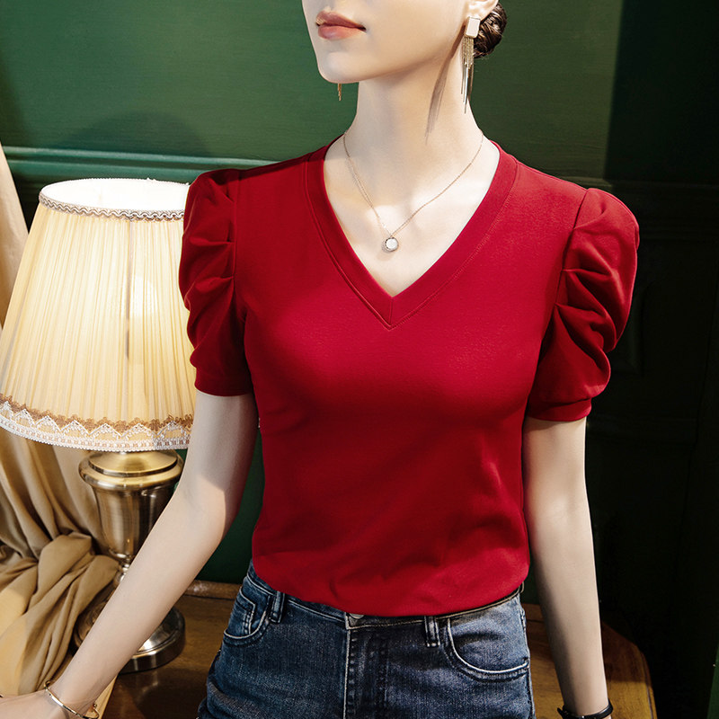 V领T恤女泡泡袖纯色洋气