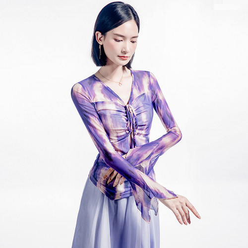 V领印花舞蹈上衣女洋气瑜伽