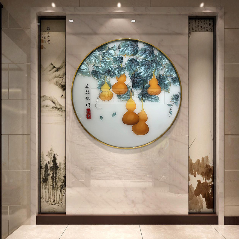 手绘珐瑯彩装饰画玄关立体轻奢壁画圆形新中式挂画金属框五福临门