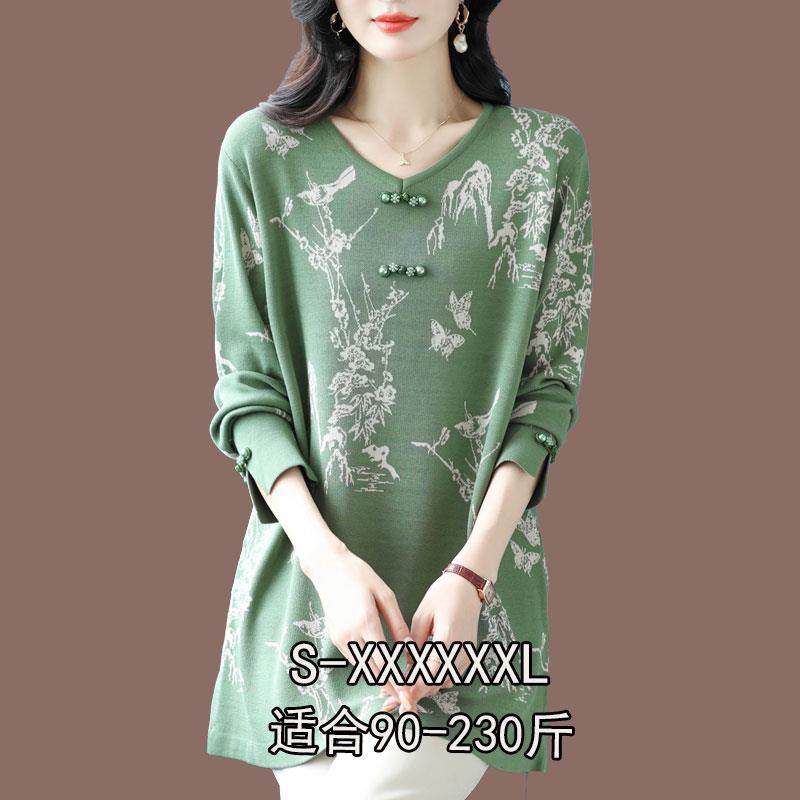 秋冬花色针织衫加肥加大码宽松薄款毛衣中年洋气中长款羊毛打底衫