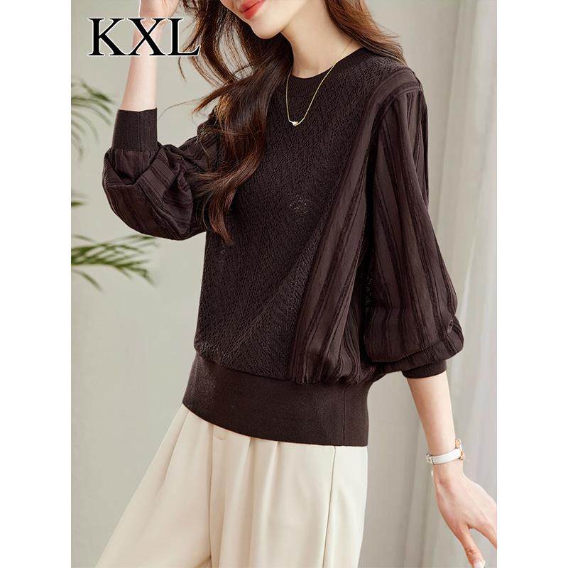 欧货高级感气质咖色针织衫上衣女春秋季新款宽松遮肚子蝙蝠袖小衫