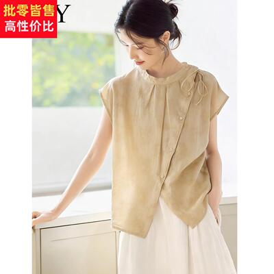 2026夏季新款设计感开叉苎麻T恤小衫不规则系带短袖洋气上衣女薄
