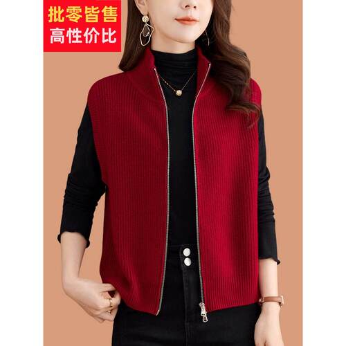 立领拉炼全羊毛针织马甲开衫女春装2025新款无袖背心外搭马夹上衣