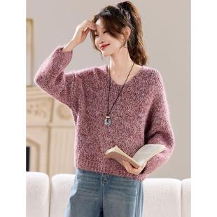 宽松慵懒风针织打底衫 2025新款 套头上衣 秋冬款 V领花纱毛衣女短款