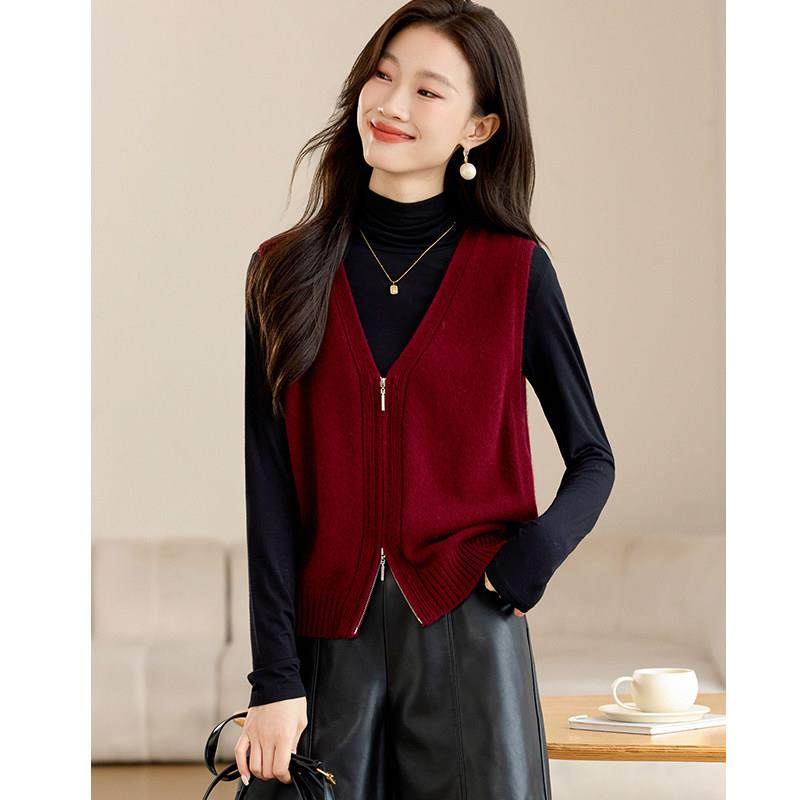 双拉链V领100%纯羊毛针织马甲女春秋2025新款高级感叠穿背心上衣