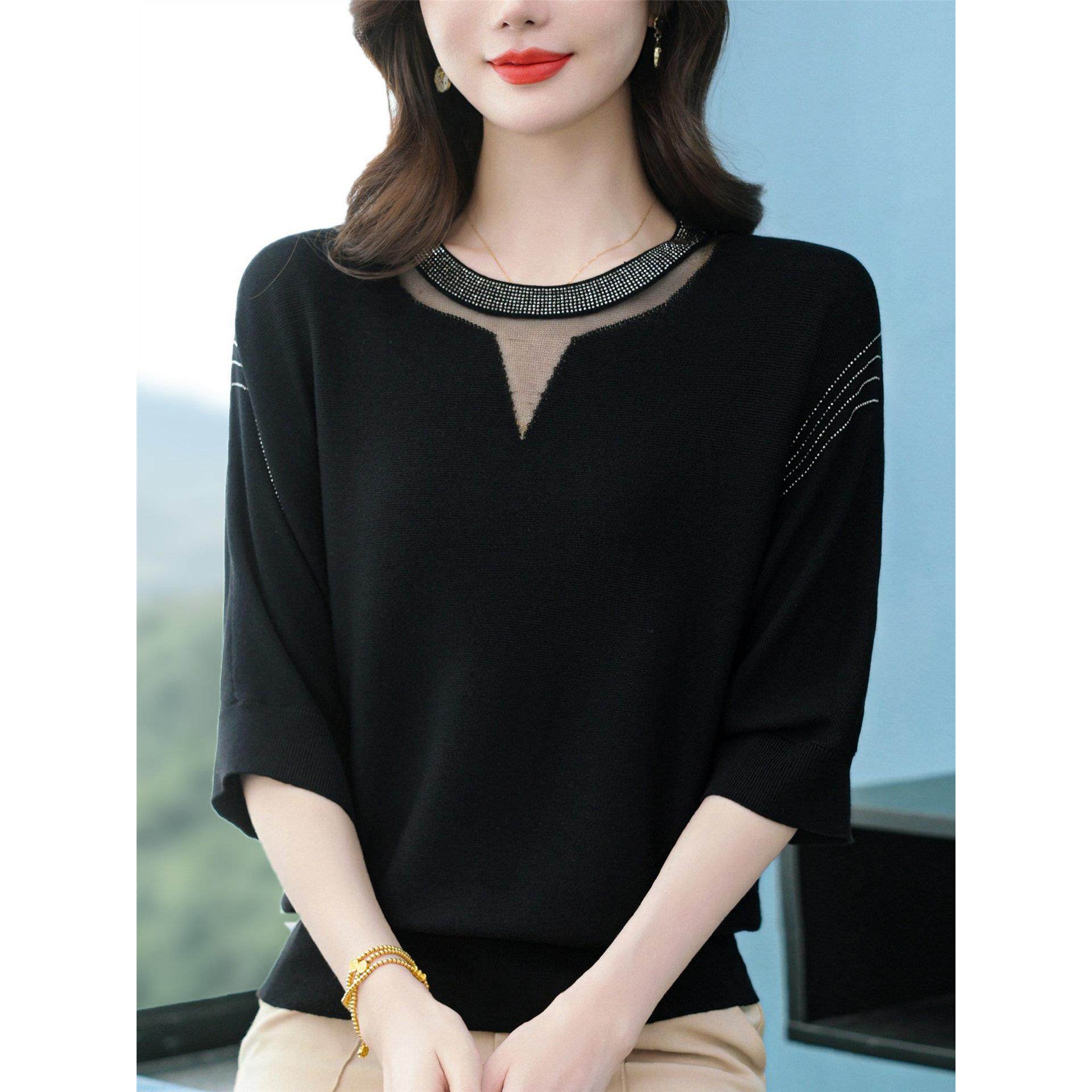 妈妈初秋装桑蚕丝t恤女针织宽松大码七分袖中袖洋气上衣蝙蝠小衫