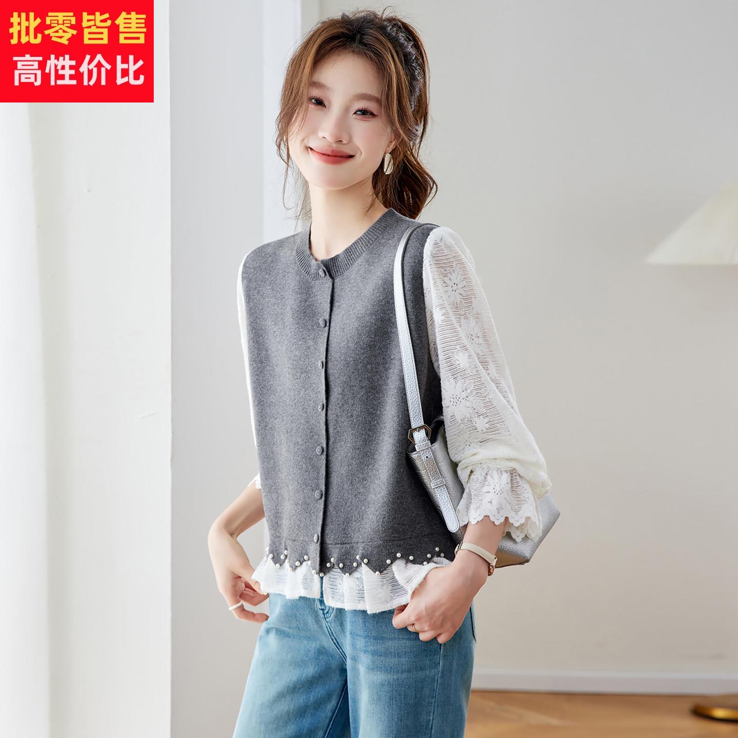 淑女风假两件针织拼接衬衫女2026春装新款蕾丝钉珠设计感减龄上衣