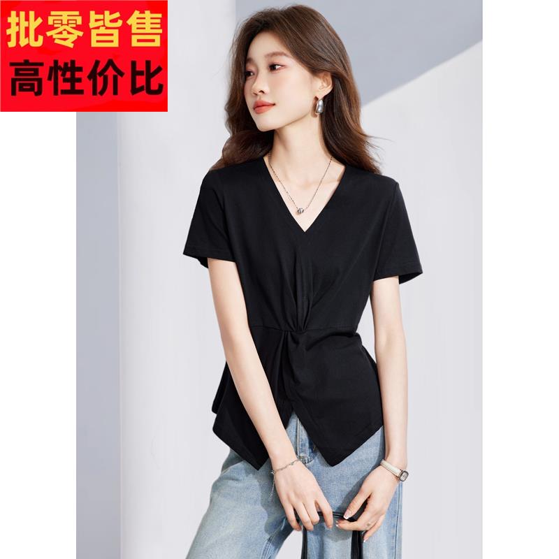 2025夏季新款显瘦气质V领短袖黑色T恤小个子设计感开叉短款上衣女