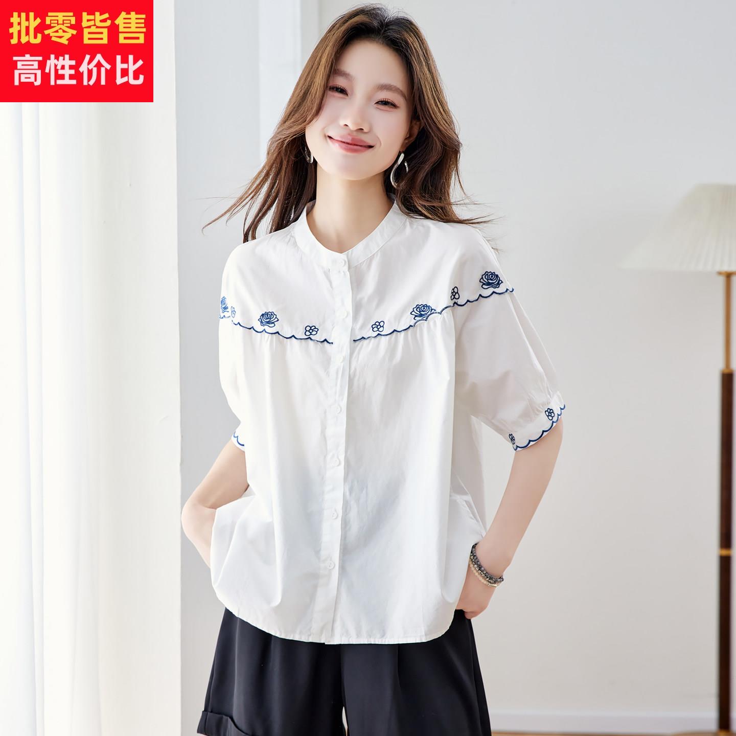 衬衫女款2026新款夏季纯棉宽松显瘦减龄上衣文艺绣花漂亮短袖衬衣