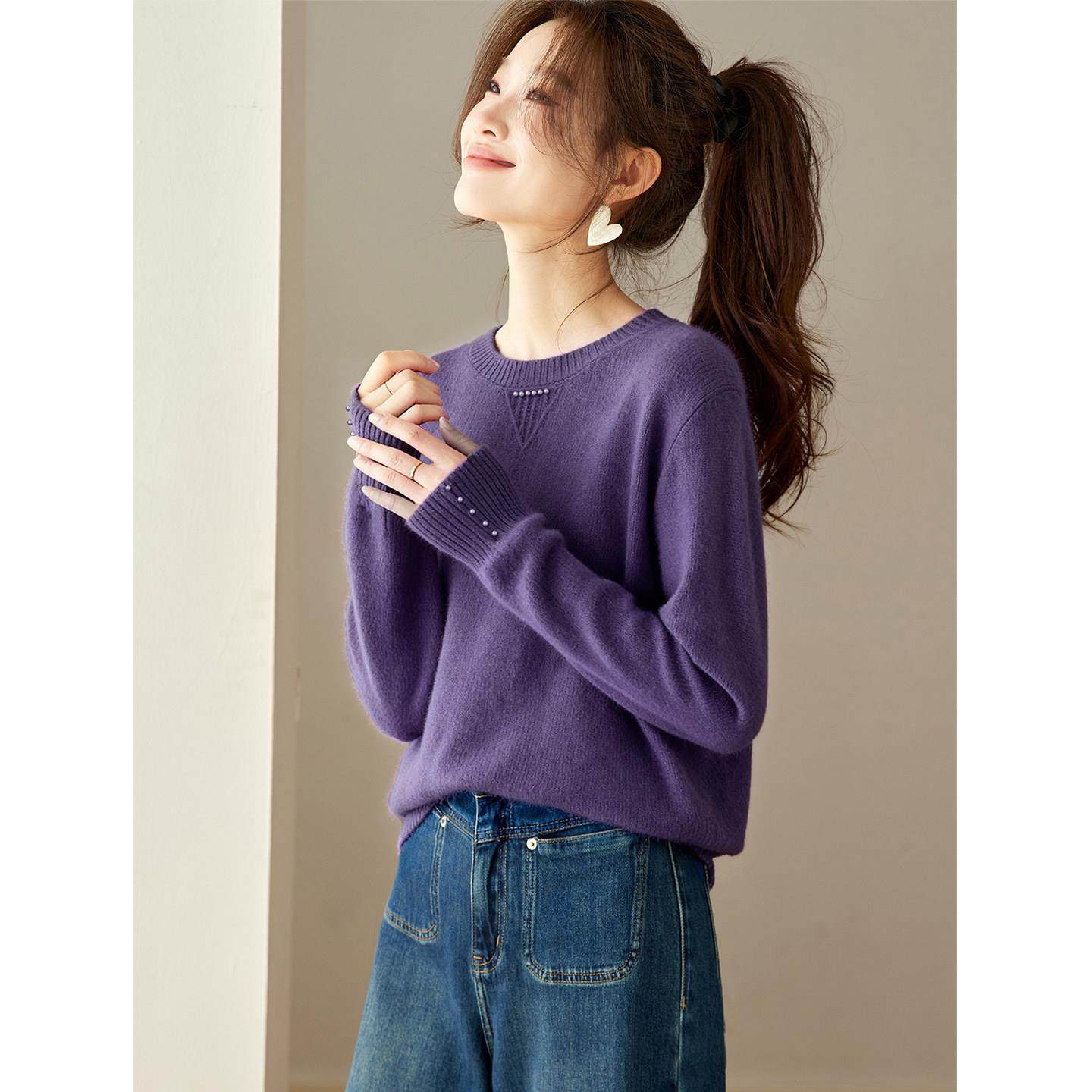 钉珠紫色软糯套头毛衣女秋冬2025新款洋气宽松短款内搭针织打底衫