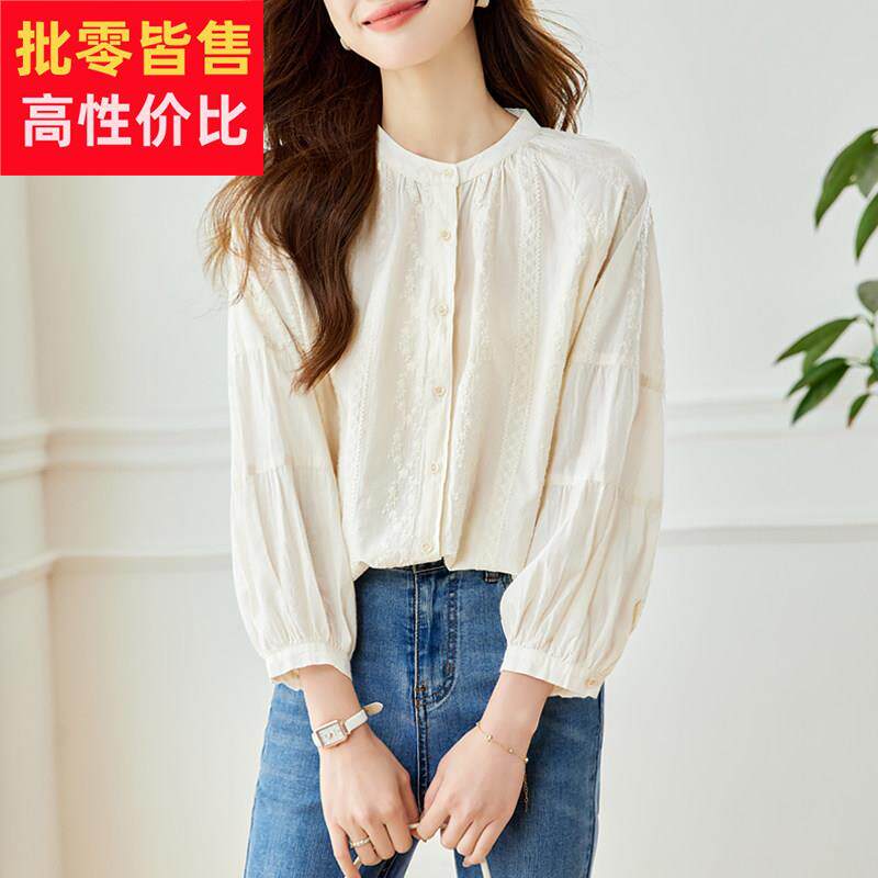 法式覆古灯笼袖提花刺绣衬衫女2025夏季新款薄款圆领长袖纯棉衬衫