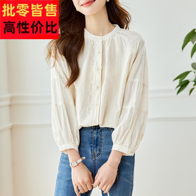法式复古灯笼袖提花刺绣衬衫女2025夏季新款薄款圆领长袖纯棉衬衣