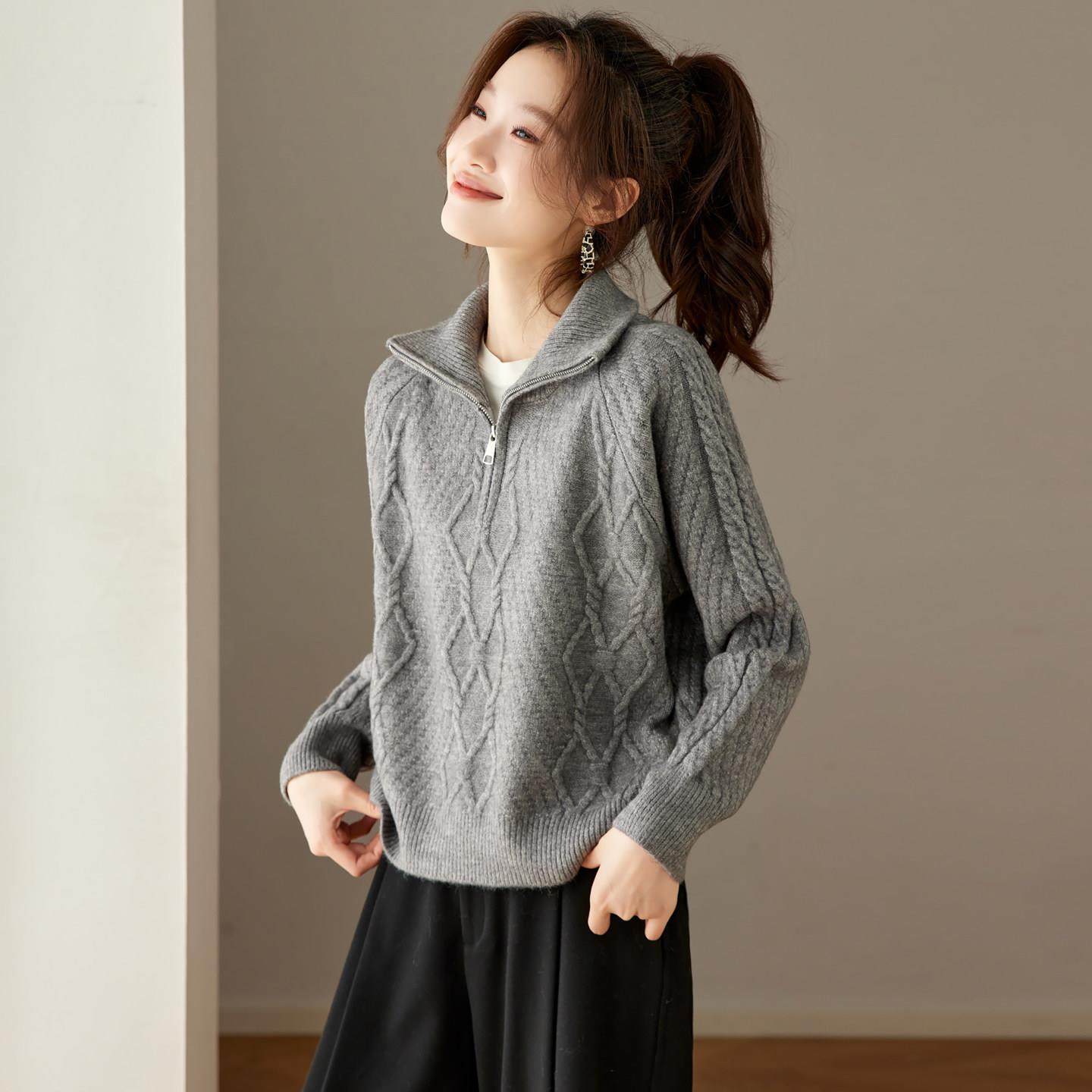 慵懒风半拉链绞花毛衣女秋冬宽松显瘦灰色针织衫2025新款外穿内搭