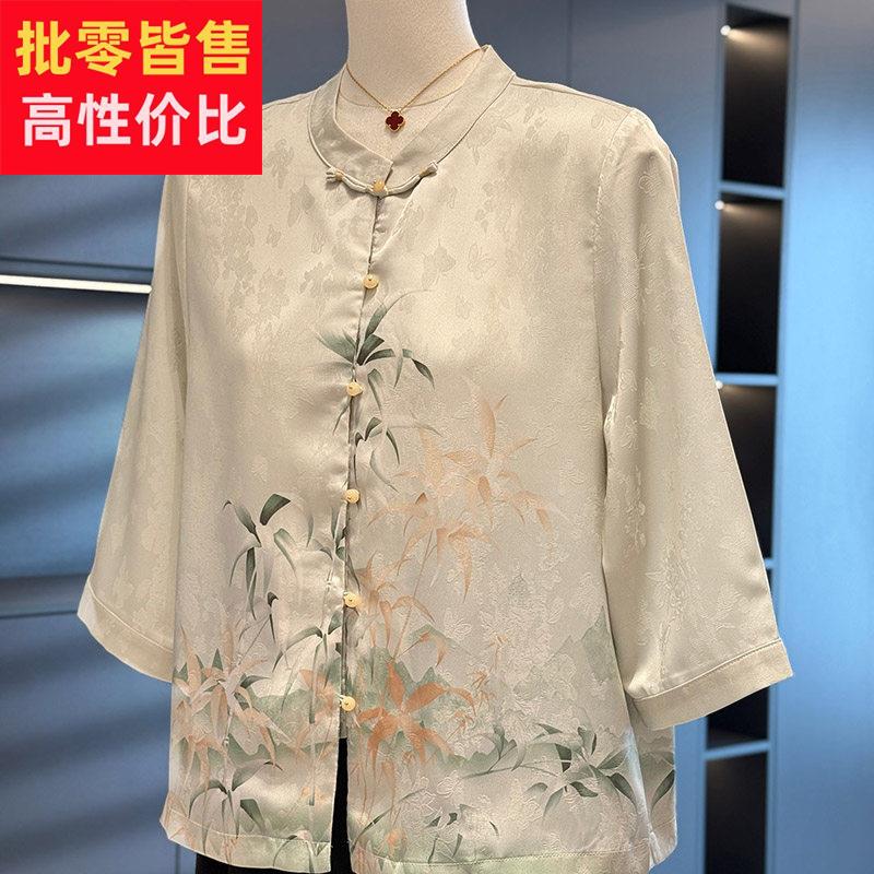 中国风妈妈装七分袖衬衫女夏装新款上衣气质中老年雪纺衬衫奶奶装