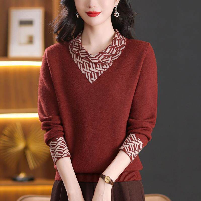 妈妈冬装红色毛衣女贵夫人时尚上衣服中年保暖加绒加厚内搭打底衫