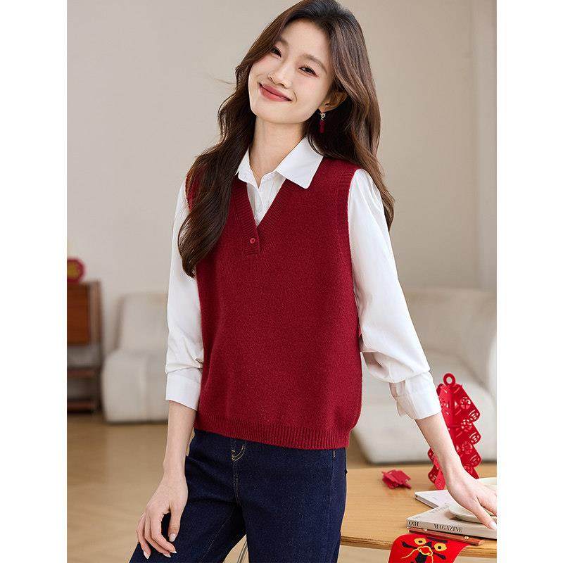 氛围感红色v领针织马甲背心女秋冬季2025新款高级感叠穿无袖毛衣