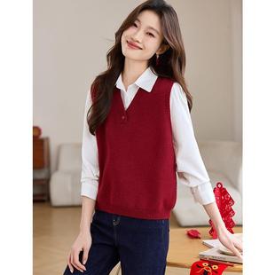 氛围感红色v领针织马甲背心女秋冬季2025新款高级感叠穿无袖毛衣