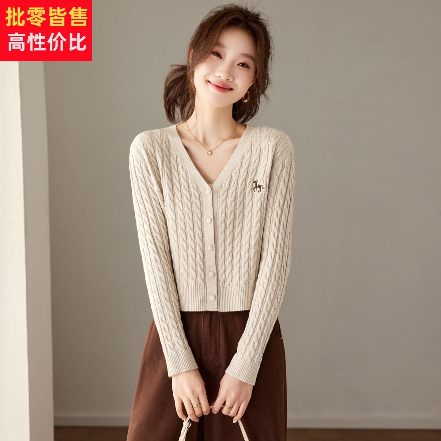 V领麻花针织开衫女短款小马刺绣百搭显瘦春季薄外套小个子穿搭潮
