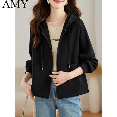 2025秋装新款高级感黑色长袖连帽短外套卫衣宽松休闲运动上衣女装