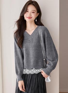 V领蕾丝拼接灰色毛衣女秋冬2025新款慵懒高级感套头好看针织上衣