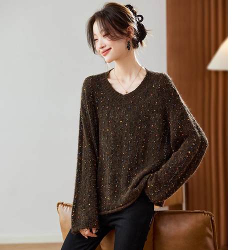 复古慵懒V领彩点针织衫女长袖t恤秋冬2025新款宽松大码打底衫上衣